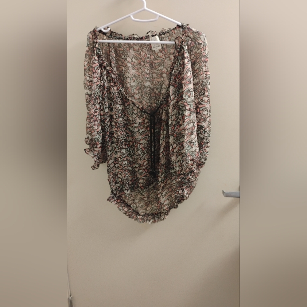 Ella Moss Women's Sheer Tie Front Silk Peasant Blouse Sz M